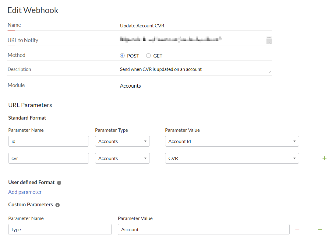 Webhook action configuration for accounts